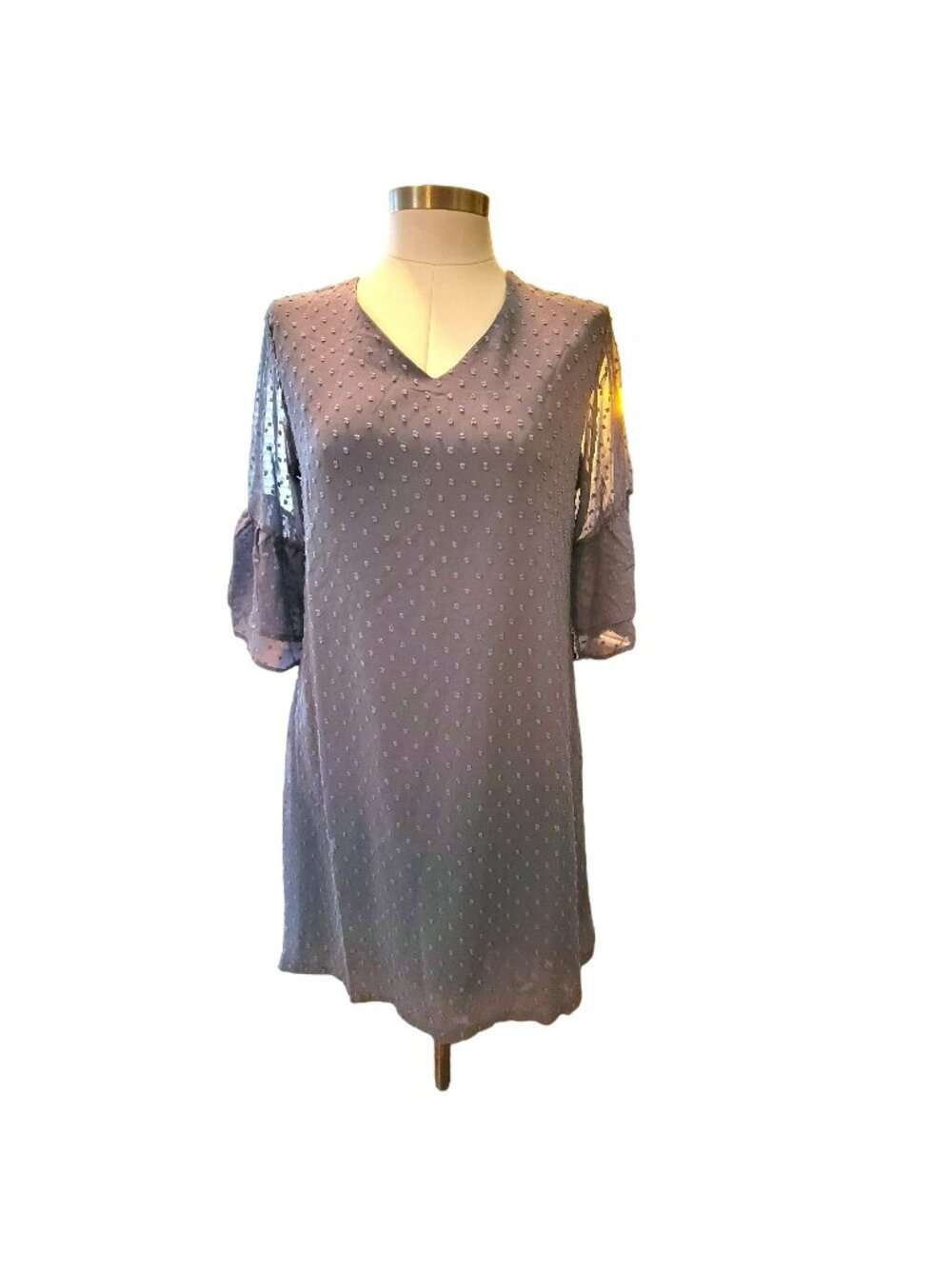 Blue Tunic Dress Square Dot Sheer Bell Sleeves Womans Medium NWT Jj3404